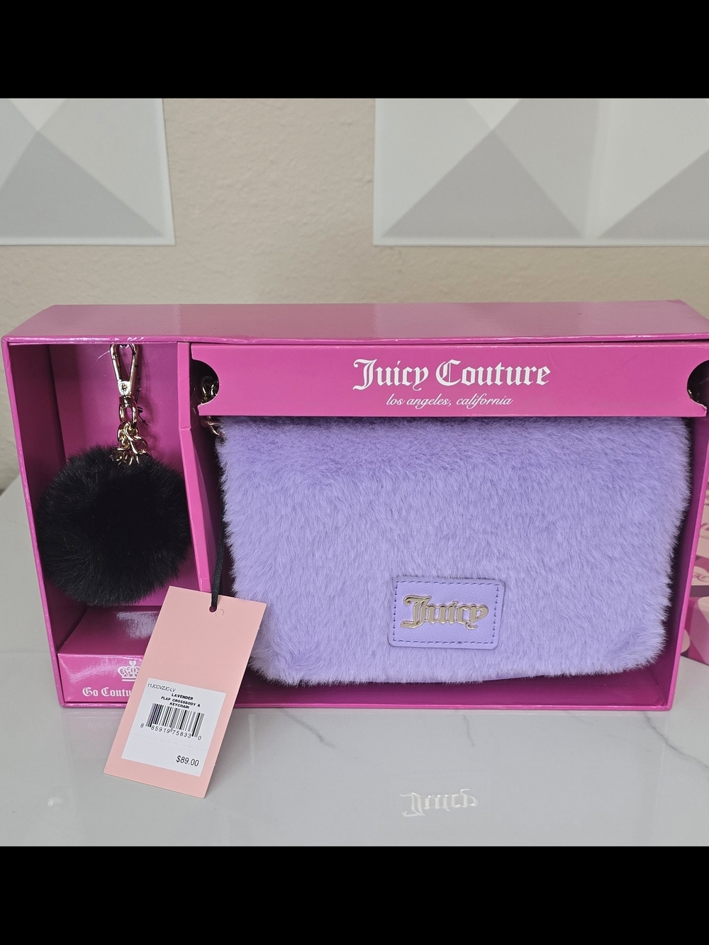 Juicy Couture Lavender Faux Fur Crossbody Flap Bag w/ Pom Charm NWT Gift Set